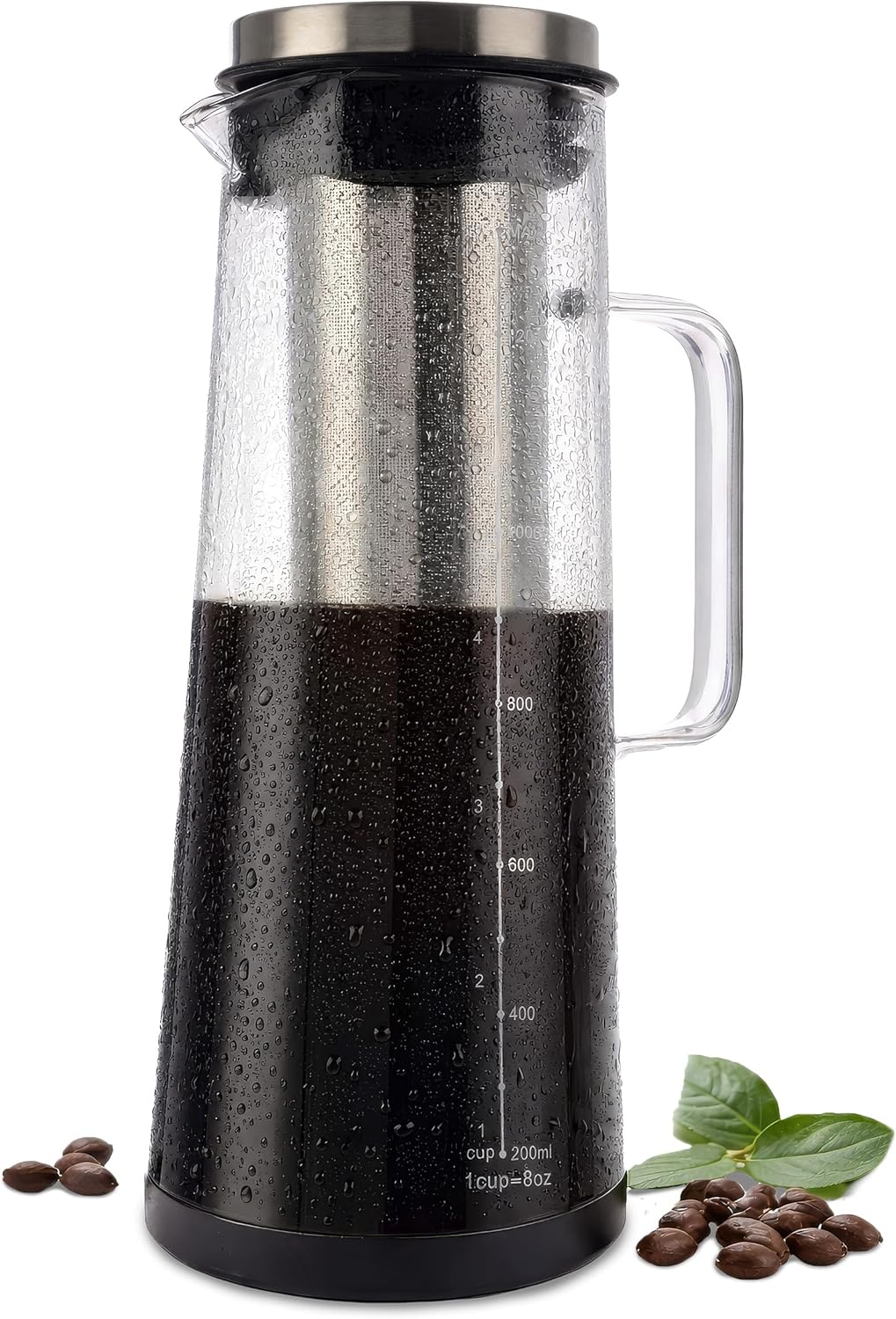 Cold Brew Coffee Maker Pitcher - 1.4L/48oz Glass Carafe with Lid and Spout and Removable Stainless Steel Filter