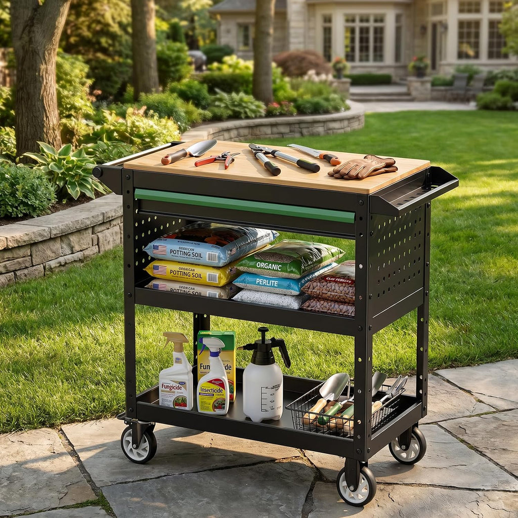 StrideoooTrek Rolling Utility Cart with Wooden Top, 3-Tier Mobile Workshop Table, Heavy-Duty Wheels,330LB Load