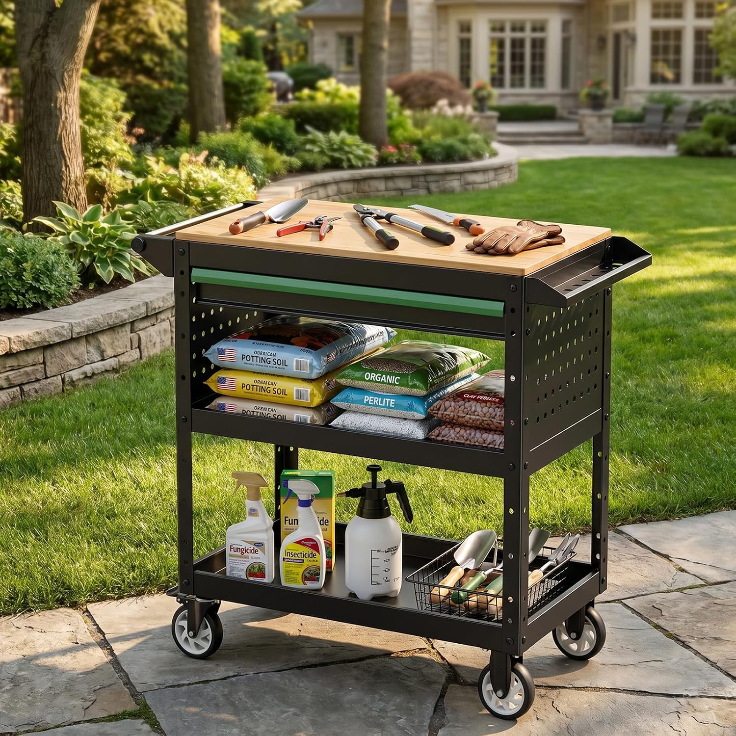StrideoooTrek Rolling Utility Cart with Wooden Top, 3-Tier Mobile Workshop Table, Heavy-Duty Wheels,330LB Load