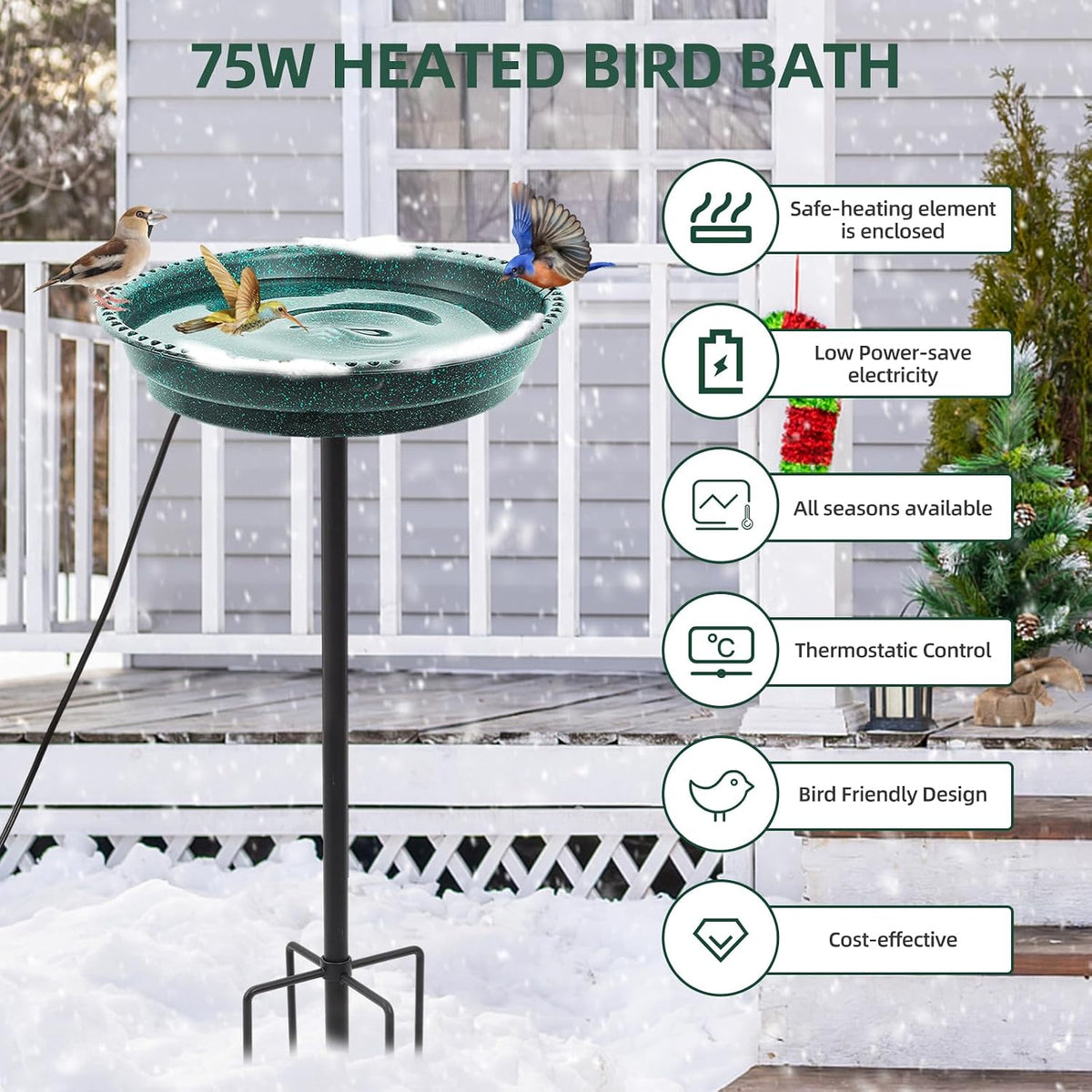 Heated Bird Bath for Outdoors for Winter, 75W Bird Bath Water Heater Bird Bath Deicer,Deep Bowl Thermostatic Control