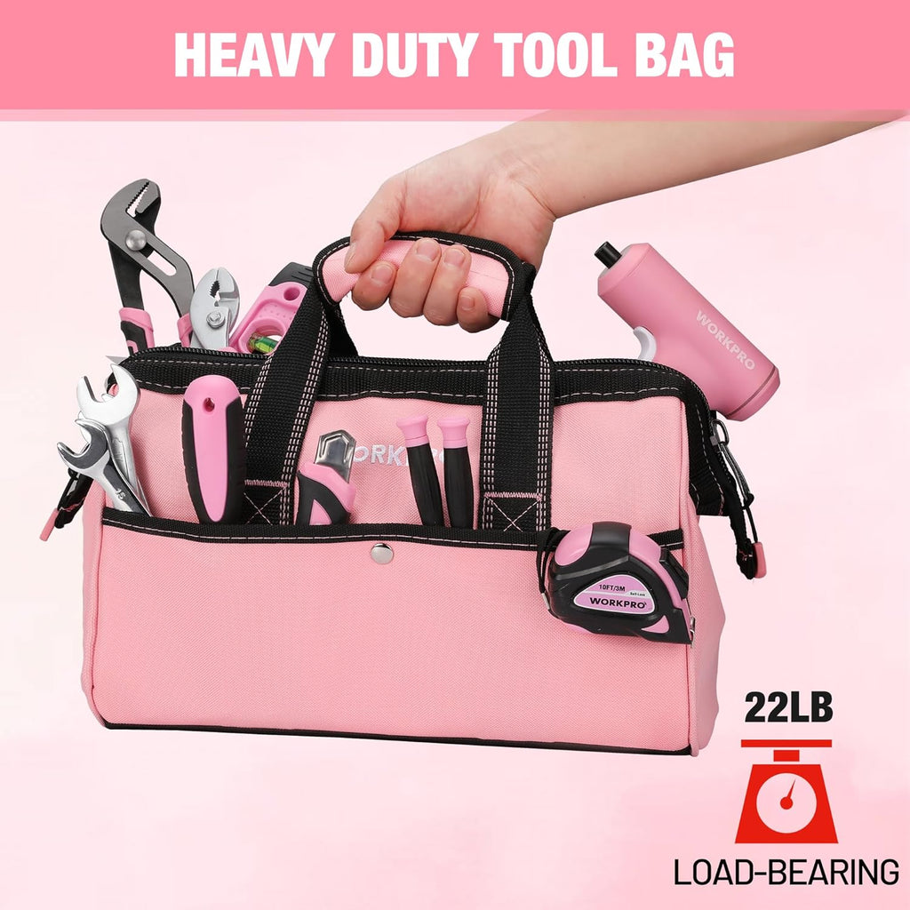 13-Inch Tool Bag, Pink Soft Cloth Tool Storage Bags, Wide Mouth Tool Tote Bag with Inside Pockets - Pink Ribbon