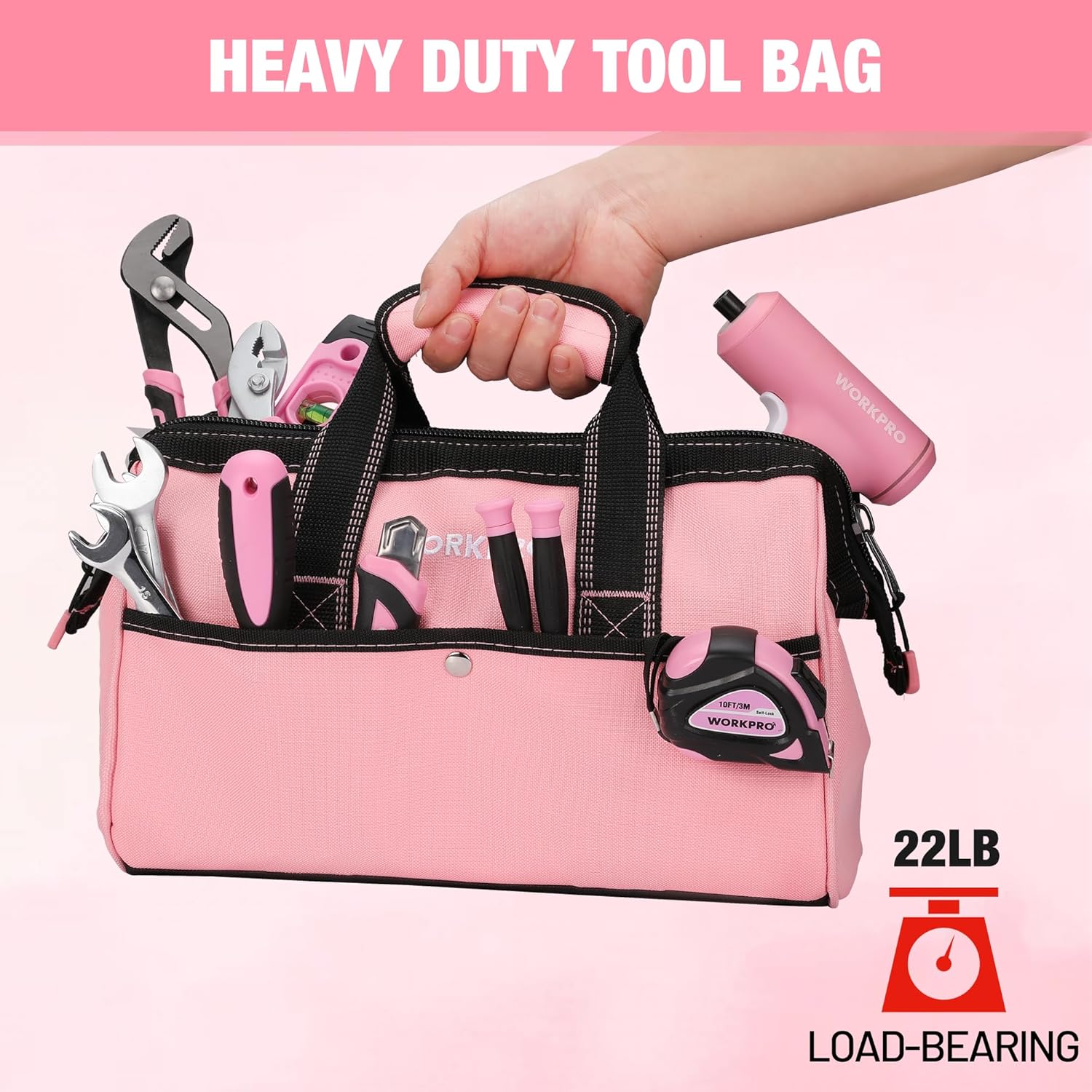 13-Inch Tool Bag, Pink Soft Cloth Tool Storage Bags, Wide Mouth Tool Tote Bag with Inside Pockets - Pink Ribbon