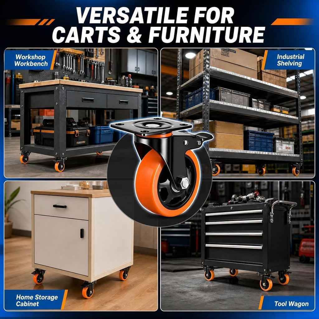 4 Inch Caster Wheels, Heavy Duty Swivel Casters Set of 4 with Brake Load 2200lbs, Industrial Plate Casters, No Noise
