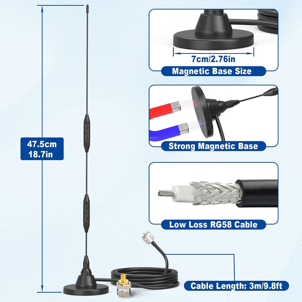 Car Mobile Ham Radio Antenna, Dual Band UHF VHF PL259 Antenna | 136-174/400-480MHz, Magnetic Base Antenna with SMA