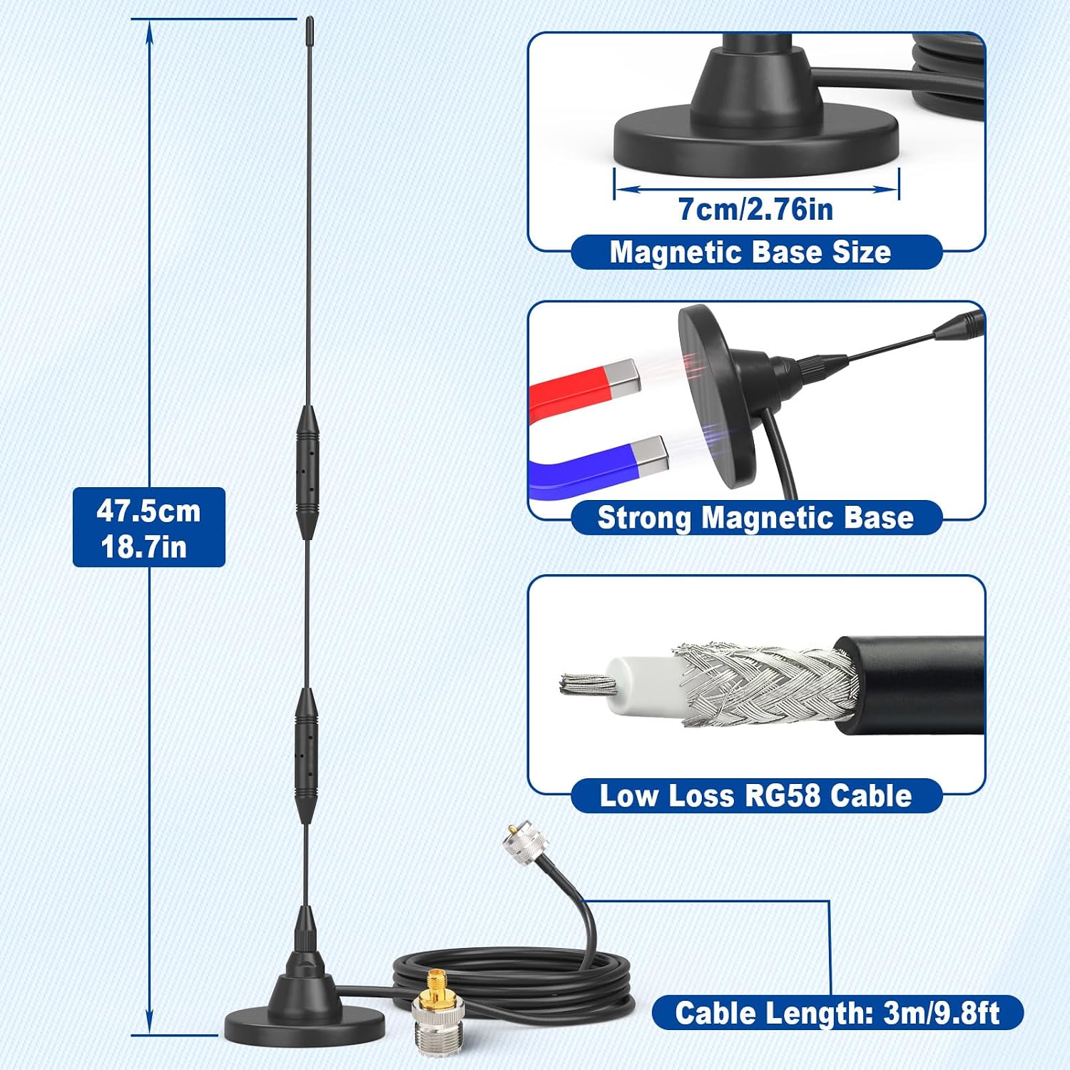 Car Mobile Ham Radio Antenna, Dual Band UHF VHF PL259 Antenna | 136-174/400-480MHz, Magnetic Base Antenna with SMA