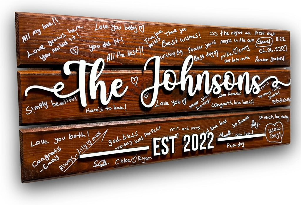 Personalized Wooden Wedding Guest Book Sign, Custom Family Name Sign with Est. Date, Rustic 3D Guestbook Alternative