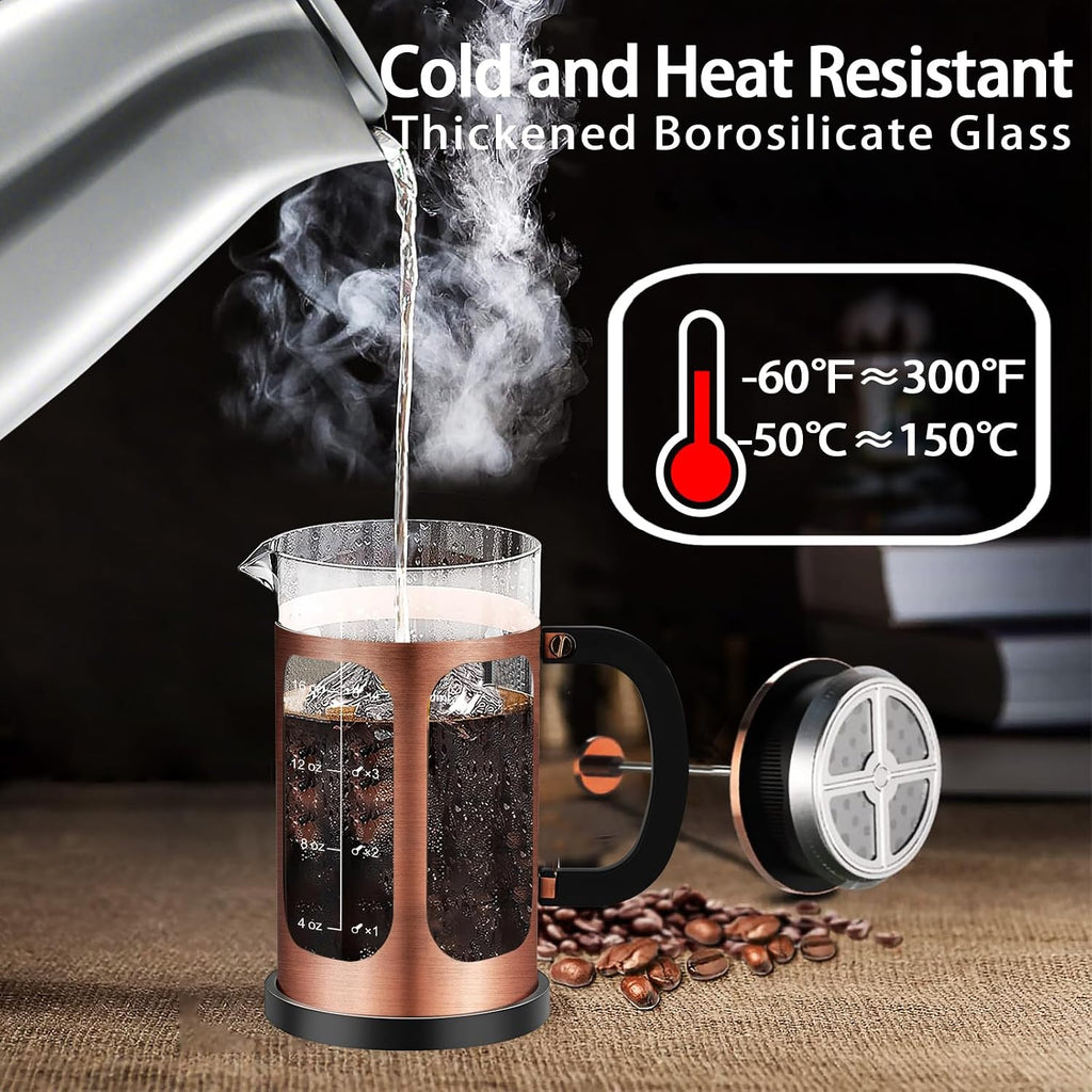 French Press Coffee Maker (21oz 600ML 3-4Cup) Coffee Press, with 4 Filters System, Heat Resistant Thickness