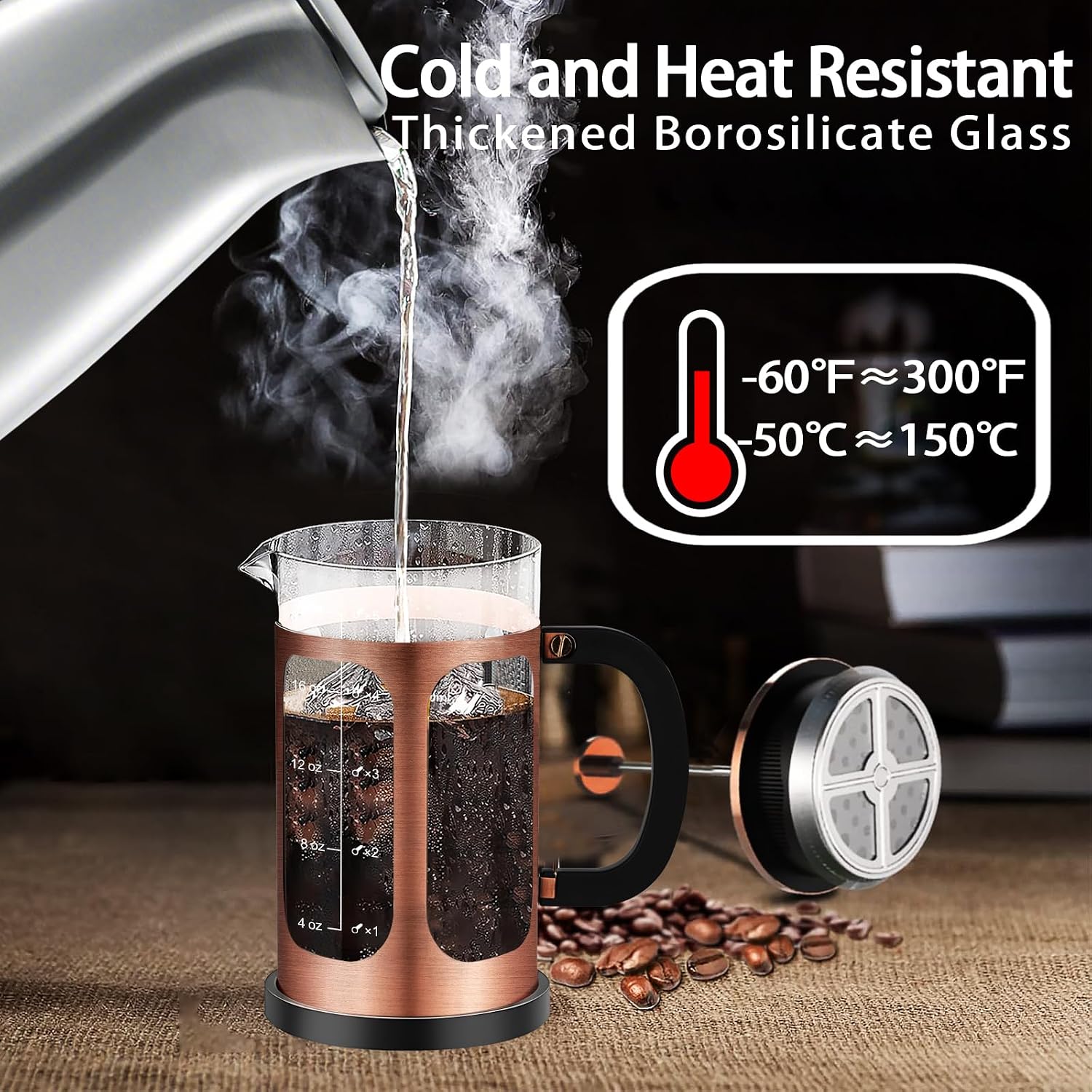 French Press Coffee Maker (21oz 600ML 3-4Cup) Coffee Press, with 4 Filters System, Heat Resistant Thickness