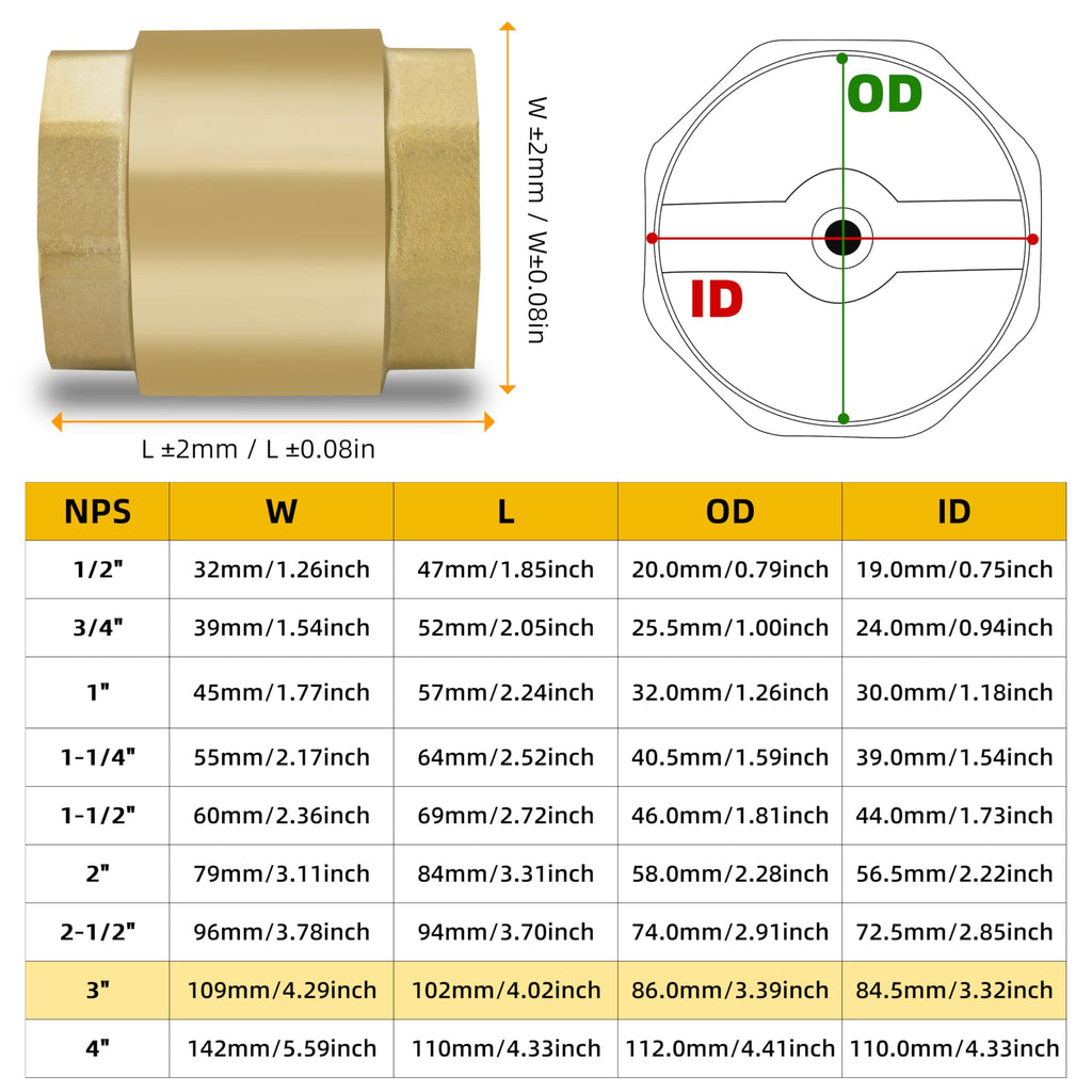 3" NPT Vertical Spring Check Valve, Brass, Heavy-Duty, Female Thread, DN80