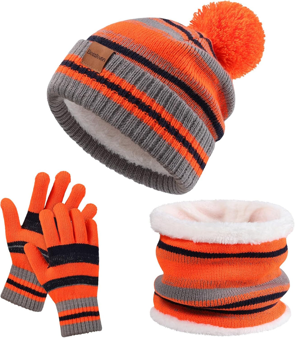 Kids Winter Hat Gloves Scarf Set: Girls Boys Beanie Fleece Lined Ages 6-10 | Kids Beanie Hats Gloves Neck Warmer Knit