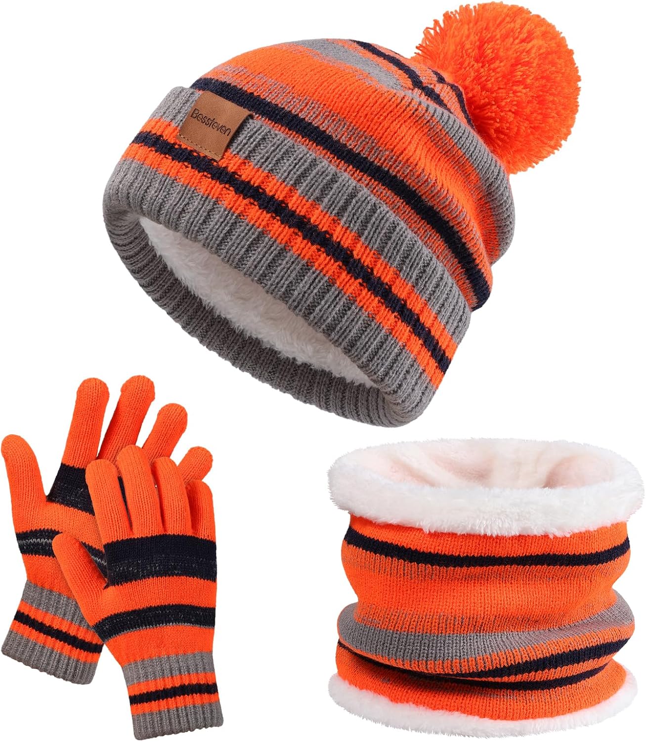 Kids Winter Hat Gloves Scarf Set: Girls Boys Beanie Fleece Lined Ages 6-10 | Kids Beanie Hats Gloves Neck Warmer Knit