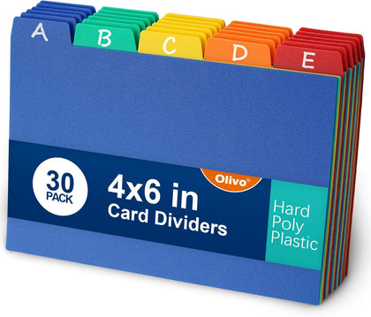 4x6 Index Card Dividers Tabs, Plastic A-Z Guides, Colored, 30 Pack | 4 x 6 Inch, Poly Plastic, Alphabet and Blank