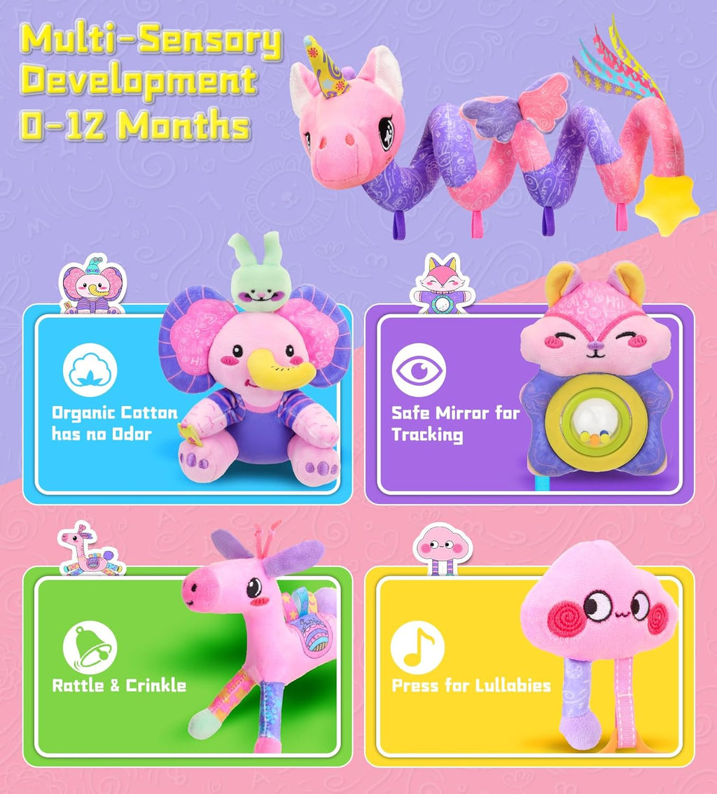Musical Car Seat Toy for Babies 0-12 Months Girl, 5-in-1 Sensory Activity Hanging Toy Stroller Toy with Soothing