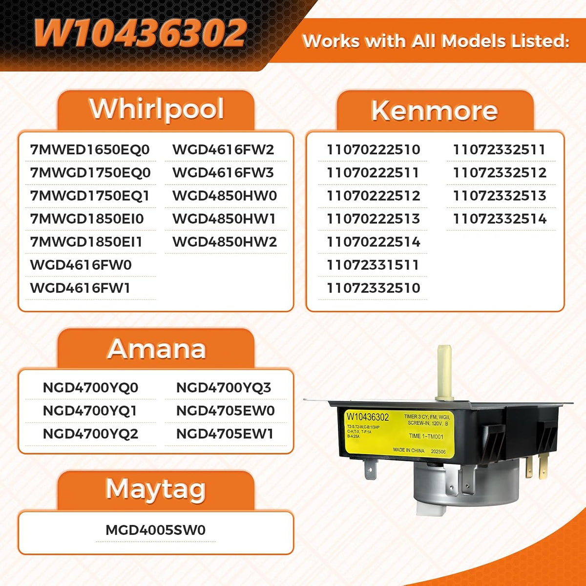 W10436302 Dryer Timer Compatible with Whirlpool Kenmore Amana Maytag, Replacement Part WPW10436302 4446791 AP6021392 PS11754716 EAP11754716