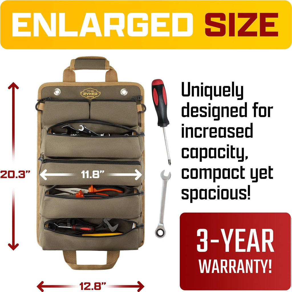 The Ryker Roll Up Tool Bag Organizer Gifts for Dad. Heavy Duty Motorcycle Tool Roll Bag Organizer. Portable Rollup