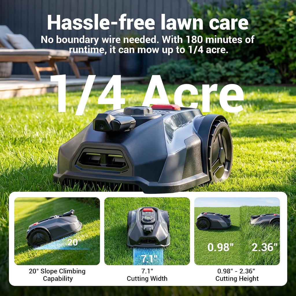 S7 Robotic Lawn Mower, App Controlled, for 1/4 Acre Lawns | No Boundary Wire, Auto-Charging, Obstacle Avoidance