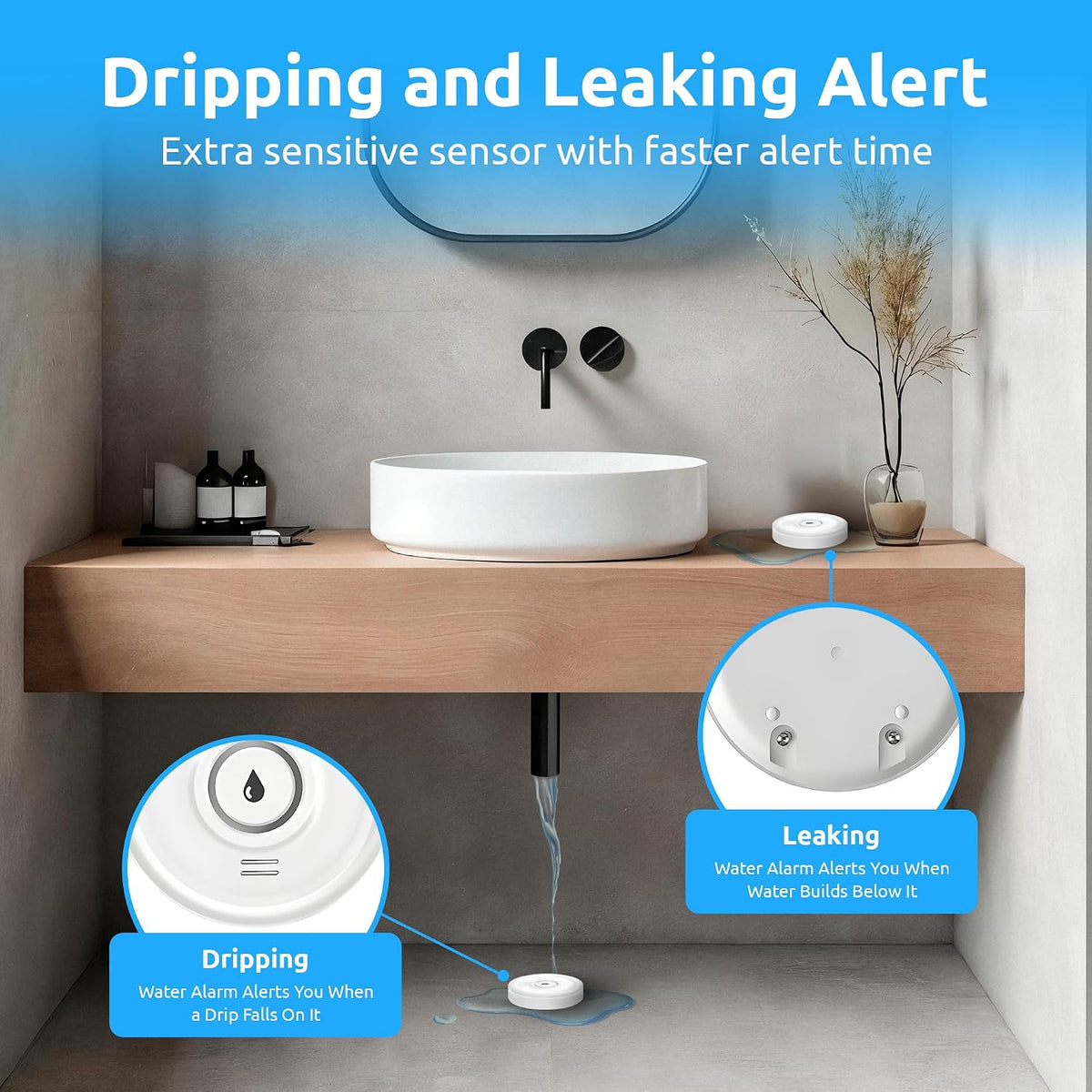 Drip Defender Pro Water Sensor WiFi Water Leak Detector for Home 100dB | High Sensitivity Smart Moisture Alarm, IP66