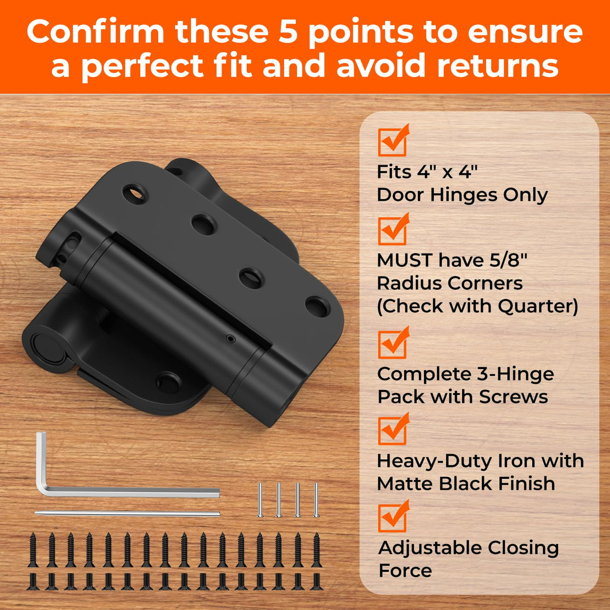 3 Pack Self Closing Door Hinges 4 Inch Black 5/8" Radius Corners