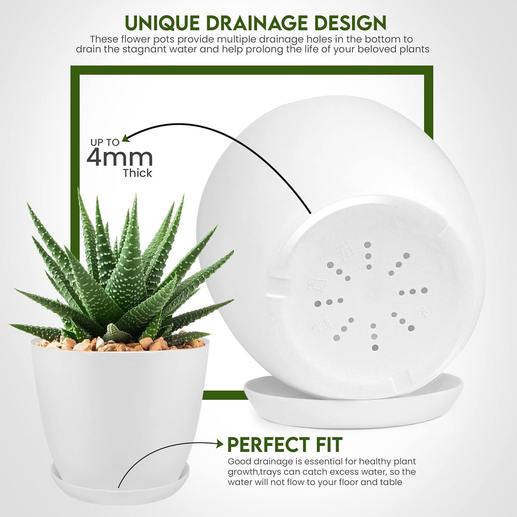 Plant Pots Indoor with Drainage Holes – Set of 5 White Plastic Flower Pots (7/6.6/6/5.3/4.8 Inch) – Modern Planters