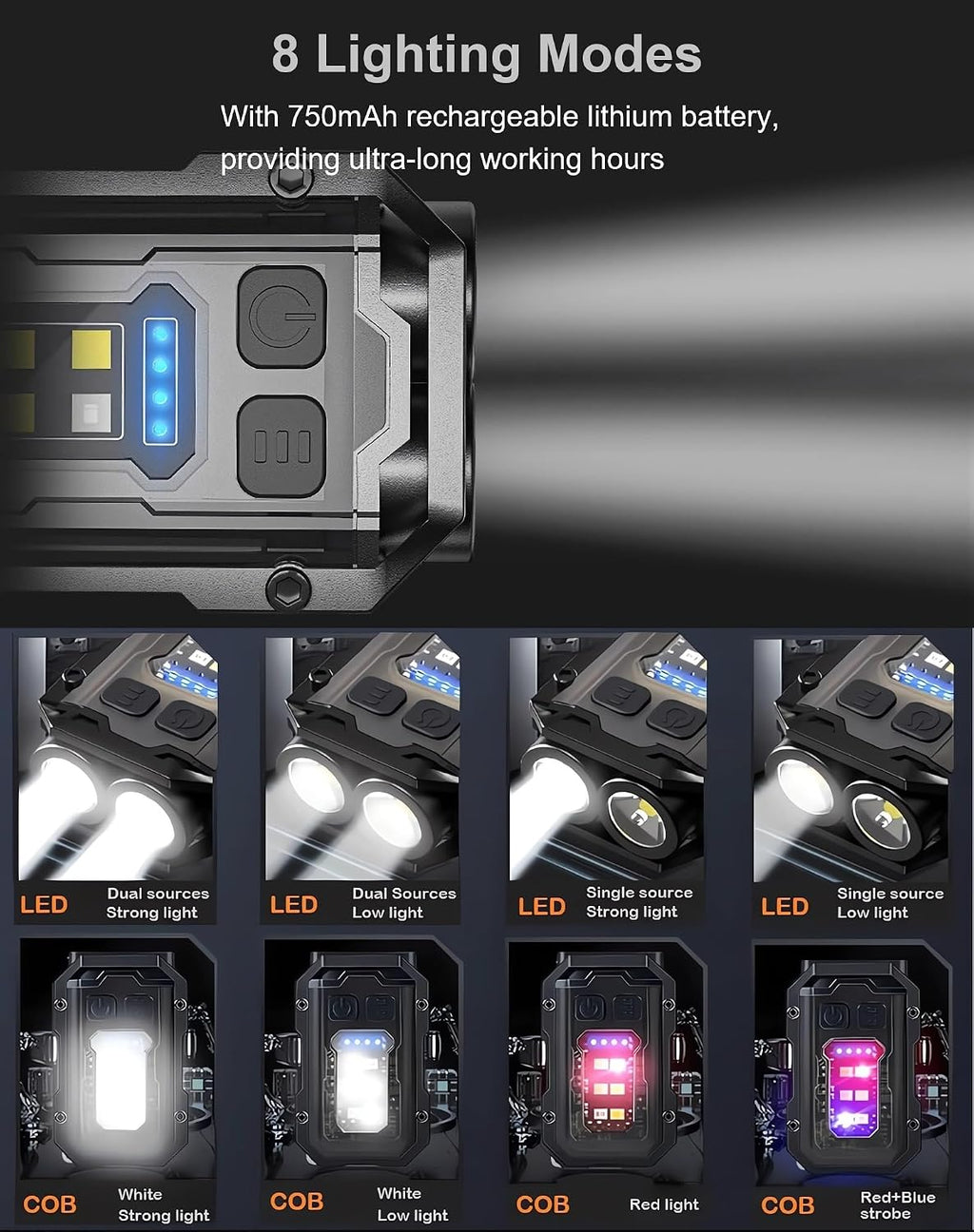 Pocket EDC Flashlight Rechargeable, 500 Lumens Keychain Flashlight | Pocket Size, Lightweight, 8 Modes Light Source