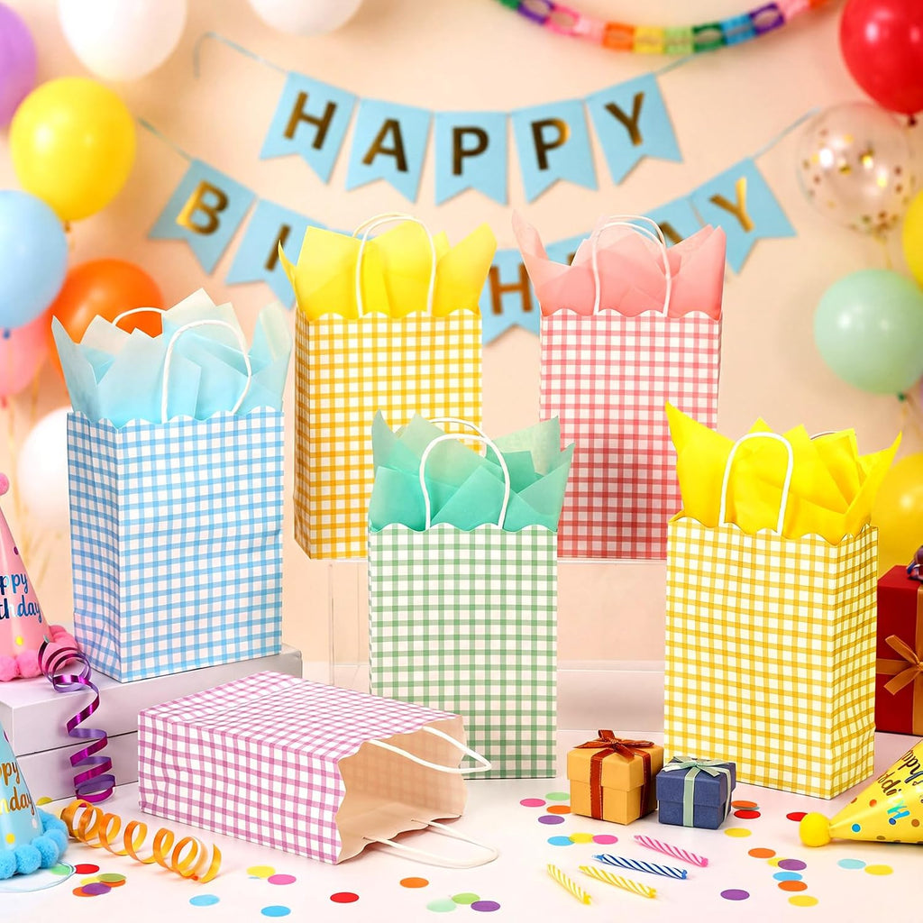 50 Pcs Pastel Gift Bags with Handles and Tissue Paper,Gingham