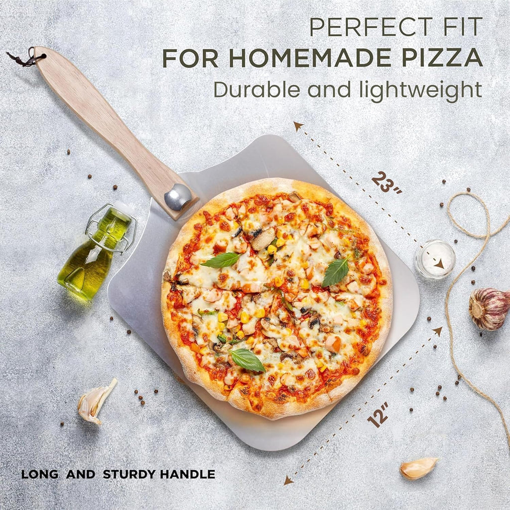 SKH Premium Aluminum Pizza Peel with Foldable Wooden Handle & Rocker Cutter -Large 23" x 12" Metal Pizza Paddle for