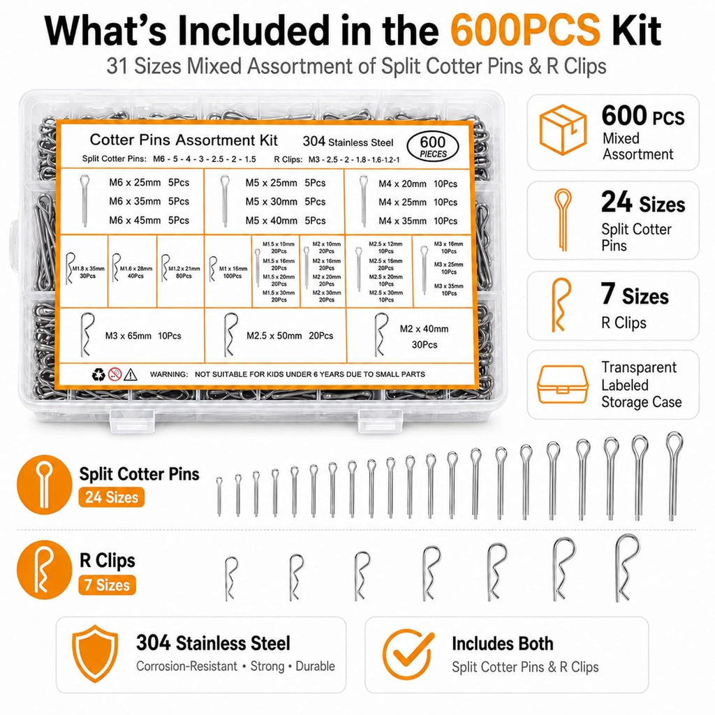 600 Pcs Cotter Pin Assortment Kit 304 Stainless Steel Split Pins & R Clips