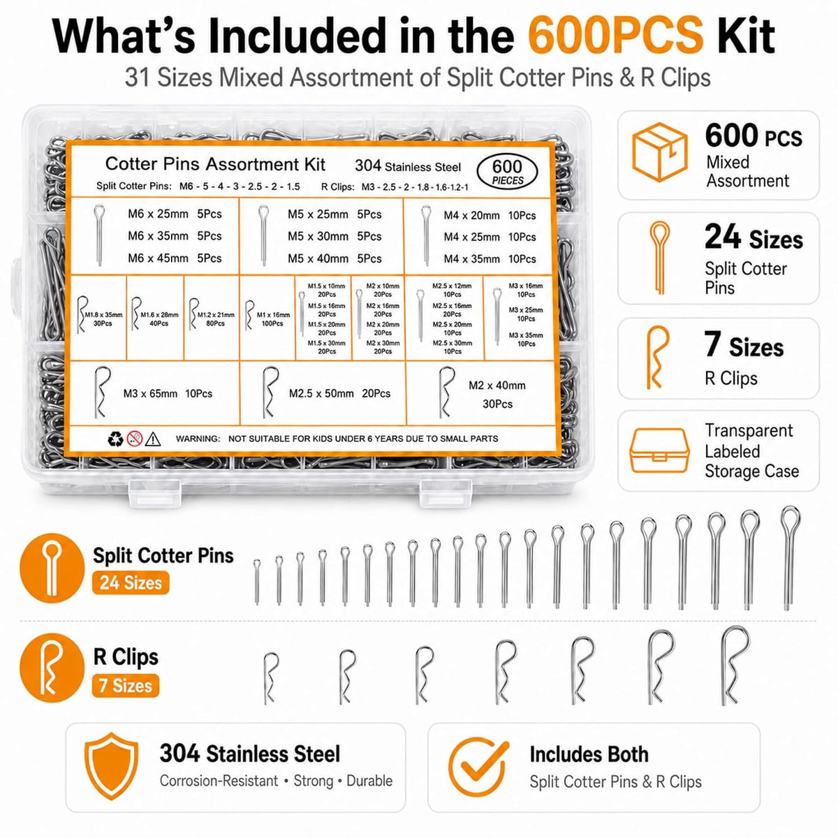 600 Pcs Cotter Pin Assortment Kit 304 Stainless Steel Split Pins & R Clips