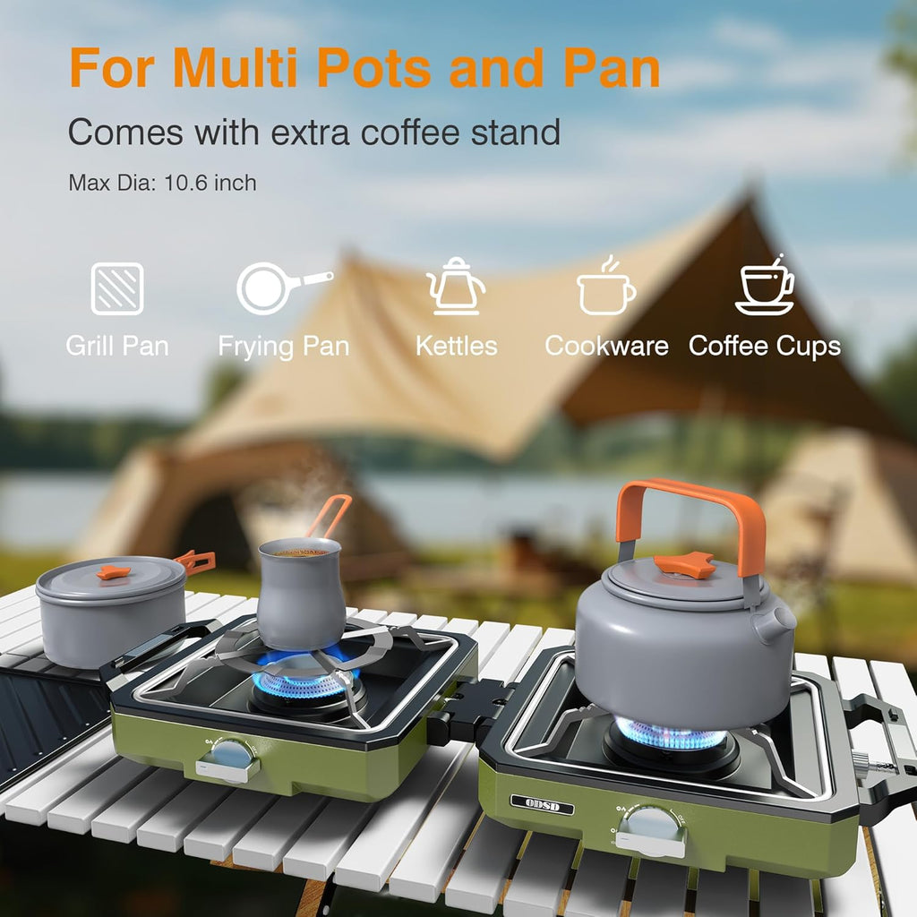 2 Burner Camping Stove with Windshield, 20000 BTU Propane Camp Stove, Portable Folding Gas Stove, Camping Essentials