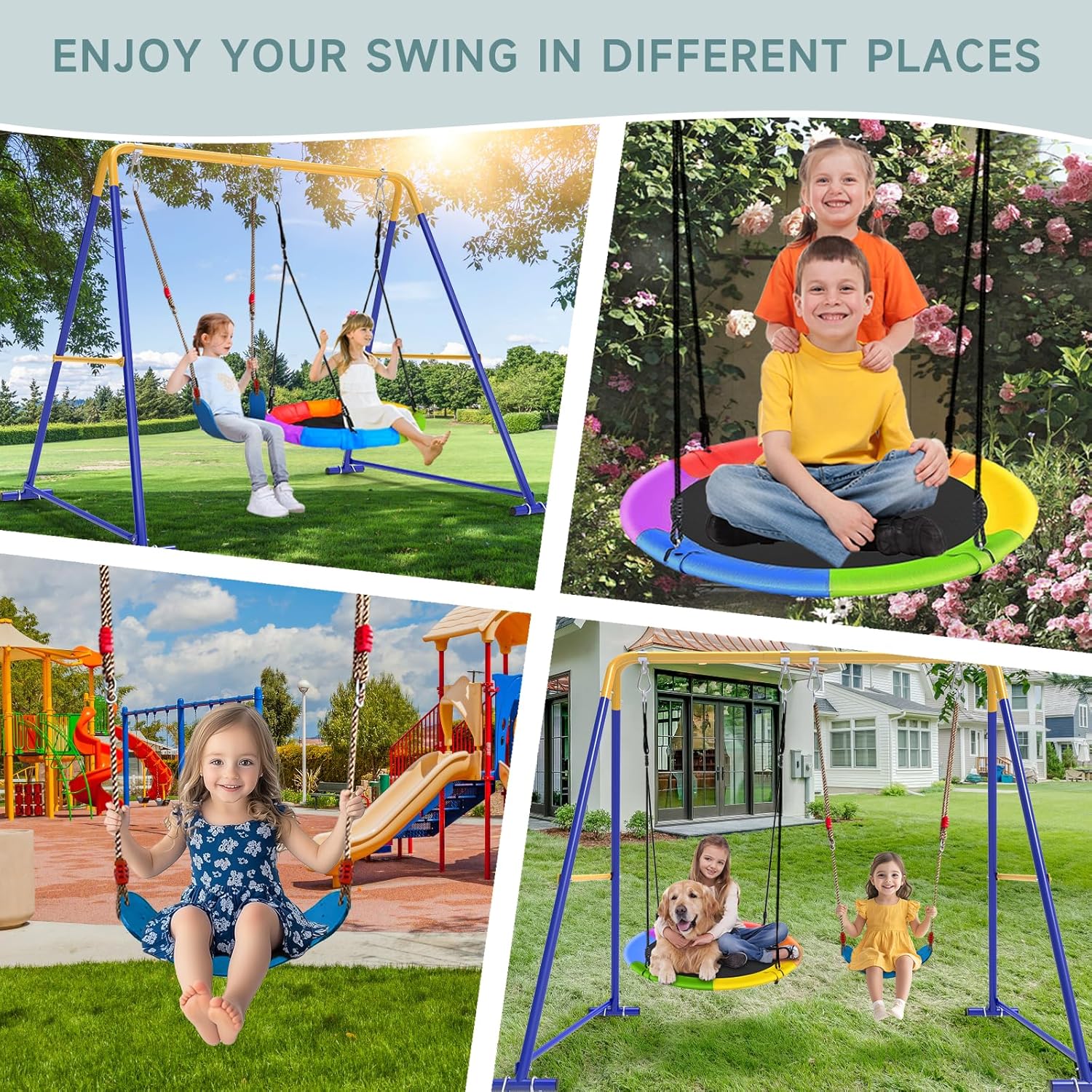 2-in-1 Swing Set for Backyard for Kids, with 1 Saucer Swing, 1 Belt Swing, 440lbs Metal Swing Set for Toddler