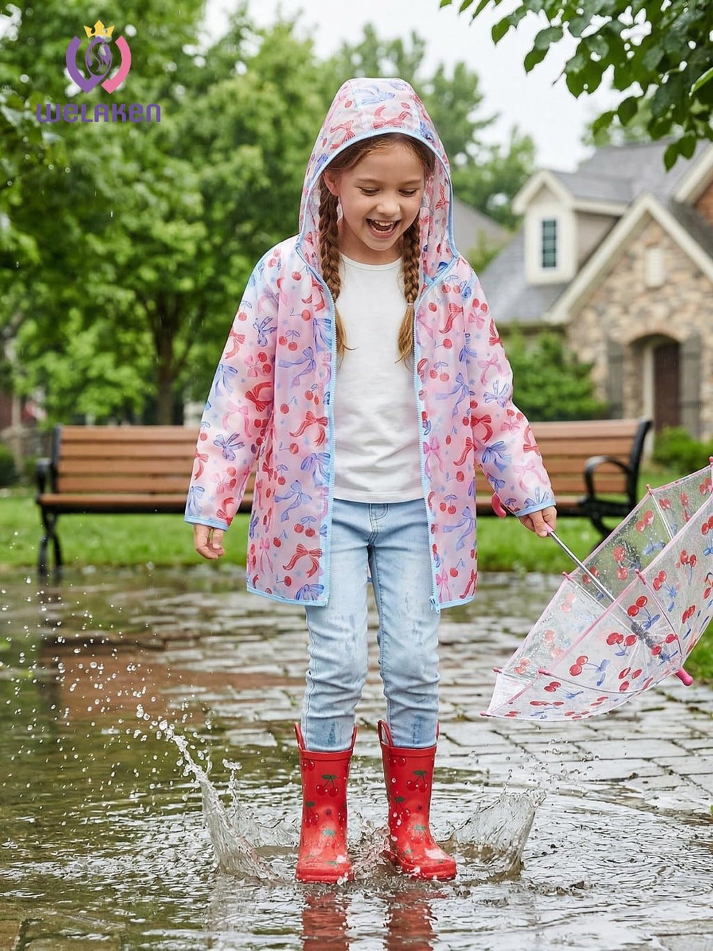 Girls Hooded Printed Rain Jacket Lightweight Water Resistant Raincoat with Zipper