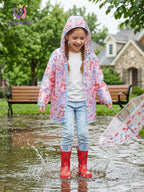 Girls Hooded Printed Rain Jacket Lightweight Water Resistant Raincoat with Zipper