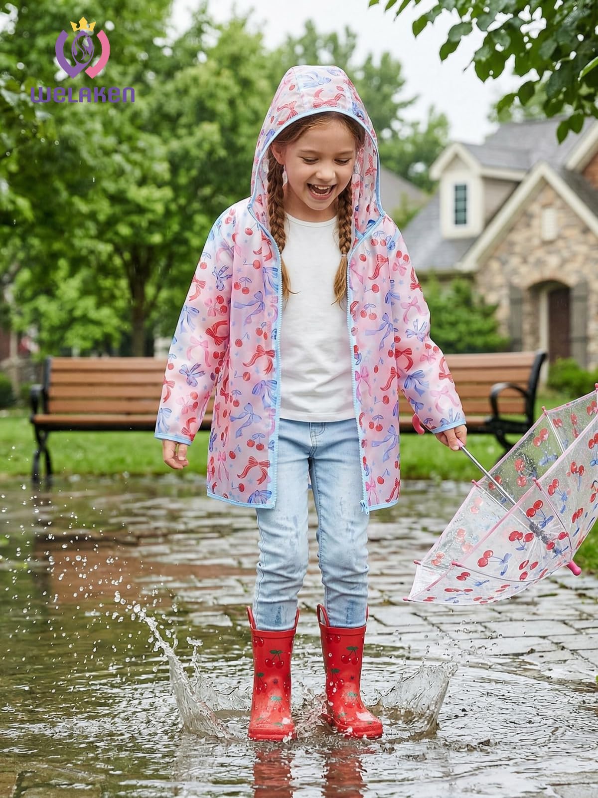 Girls Hooded Printed Rain Jacket Lightweight Water Resistant Raincoat with Zipper