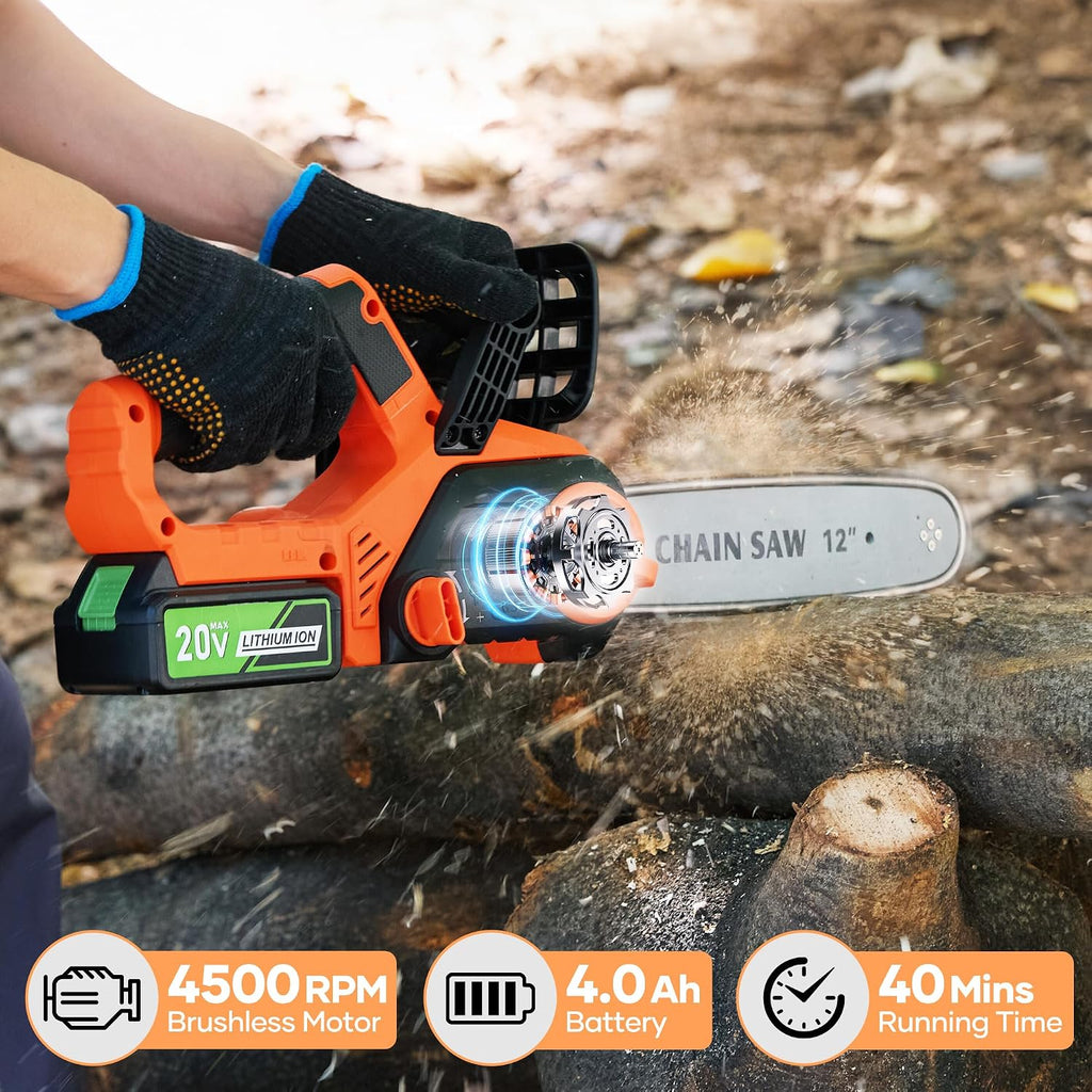12 inch Electric Cordless Chainsaw, 4.0Ah Battery Operated Chainsaw Brushless Motor 4500 RPM, Auto-Oil, Safety
