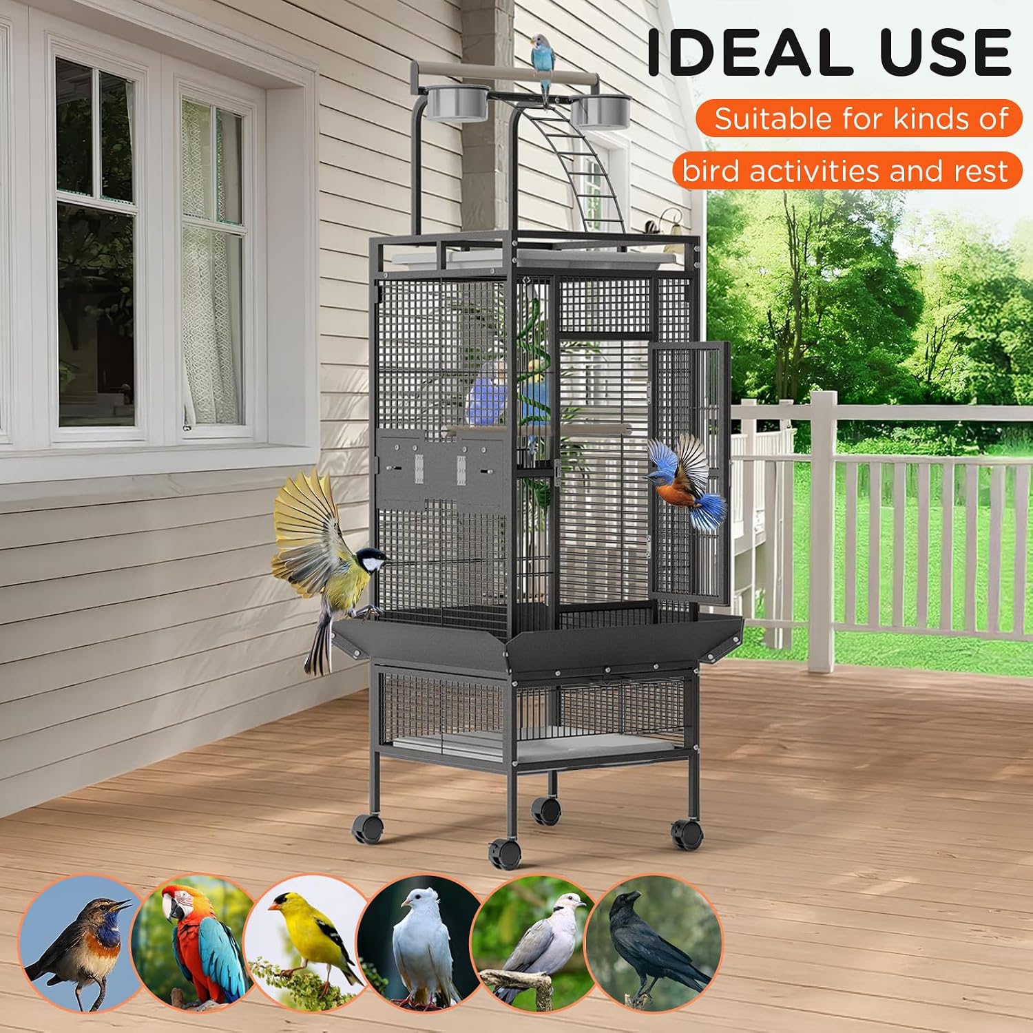 60 Inch Wrought Iron Large Bird Cage with Play Top, Stand | Rolling Metal Black Parrot Cage with 4 Stainless Steel