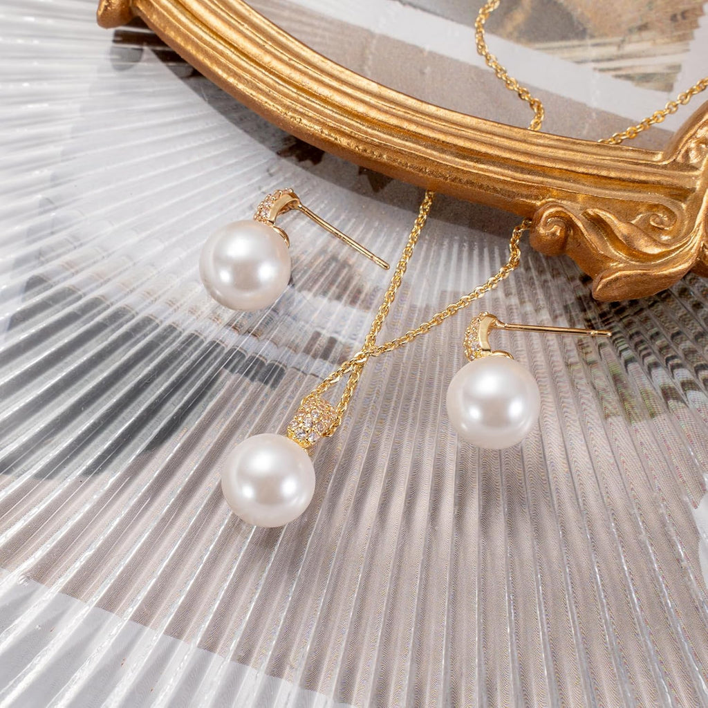 Classic Pearl Jewelry Set for Women – Elegant Pearl Necklace and Earrings Set with 14K Gold Plated Silver Chain