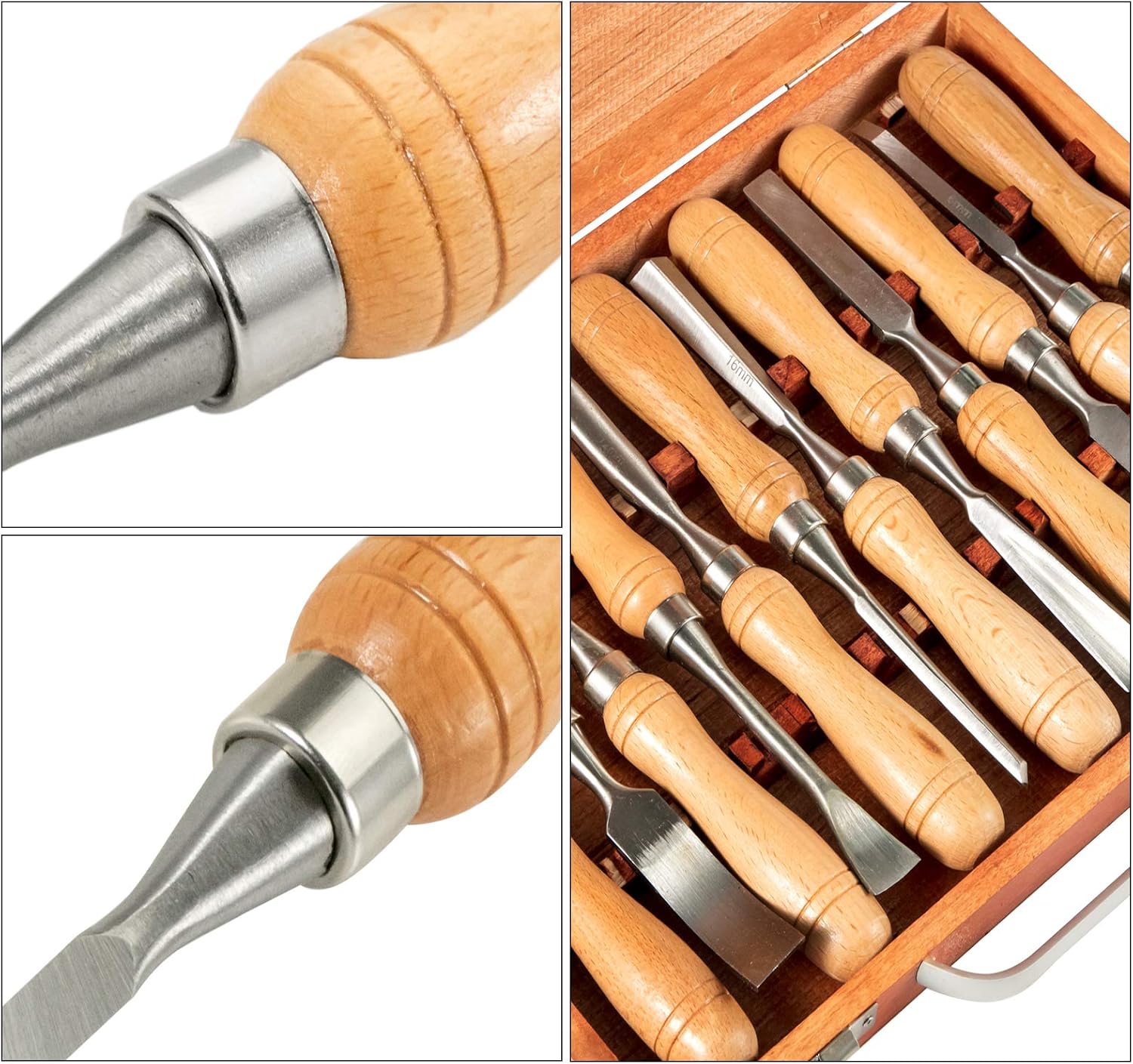 Wood Chisel Sets 12pcs，Carving Hand Chisel 3-3/4Inch Blade Length with Red Eucalyptus Handle,Wood Tool Box