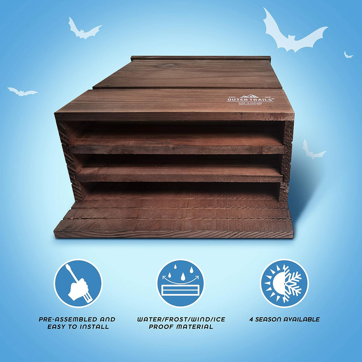 Bat House for Outdoors, Japanese Cedar, 3 Chamber, Brown