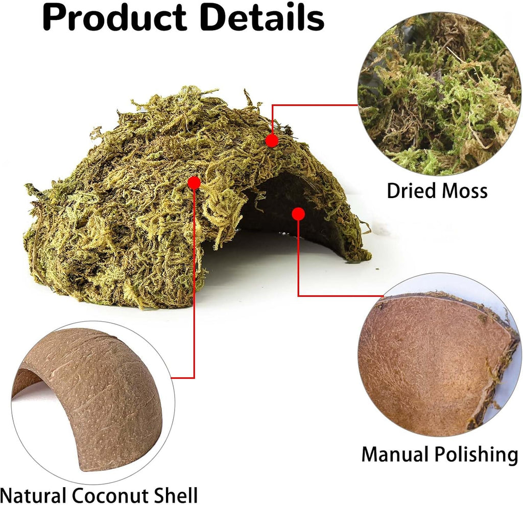 2Pcs Leopard Gecko Hide, Coconut Reptile Hides Cave, Snake Hideout Mossy Caves Climbing Hide Reptile Tank Decor for
