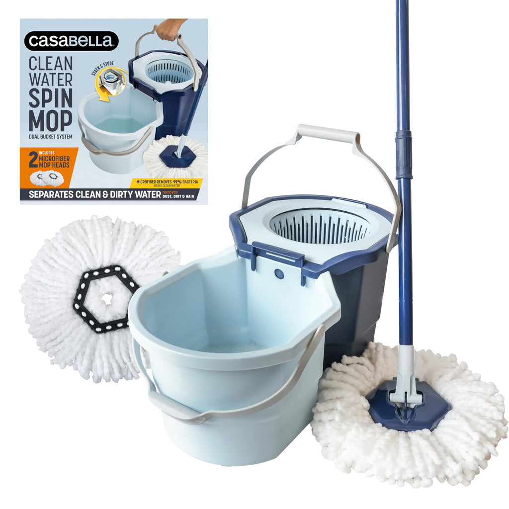 Spin Mop System with Extra Mop Head Refill - Two-Bucket Design with Splash Guard Built-in Measuring Cup and Scraper