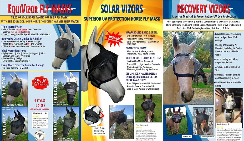 EquiVizor 95% UV Eye Protection (XL) Horse Fly Mask with Nose - Insects, Dust, Debris, Uveitis, Corneal Ulcer, Light