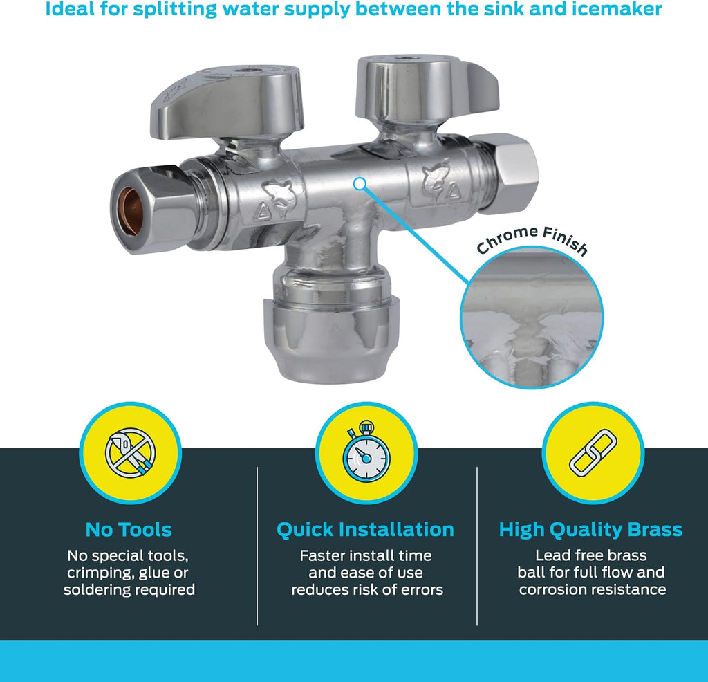 Dual Shut Off Quarter-Turn Brass Ball Valve, 1/2 Inch Push to Connect x 3/8 Inch OD Compression x 3/8 Inch OD