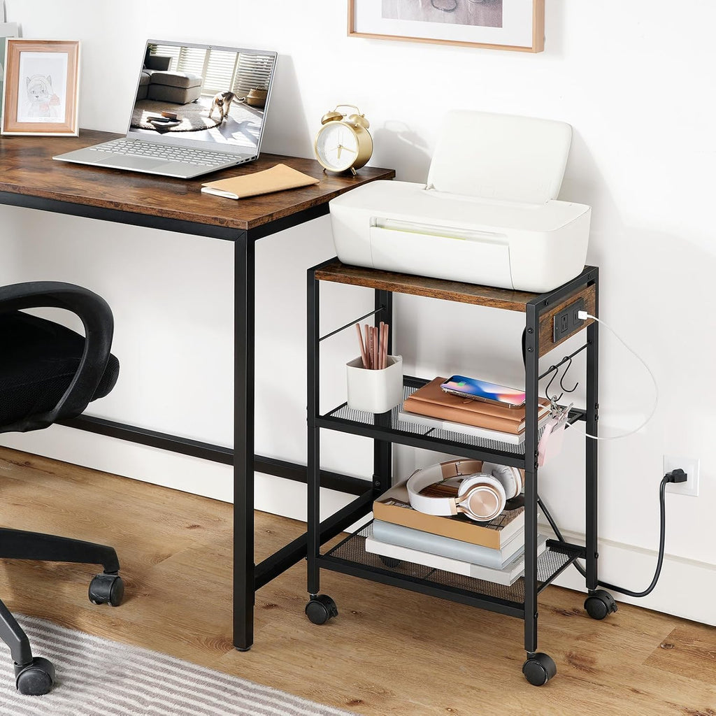 Industrial Printer Stand, 3-Tier Mobile Printer Table, Rolling Cart with Power Outlets and USB Ports, Home Printer