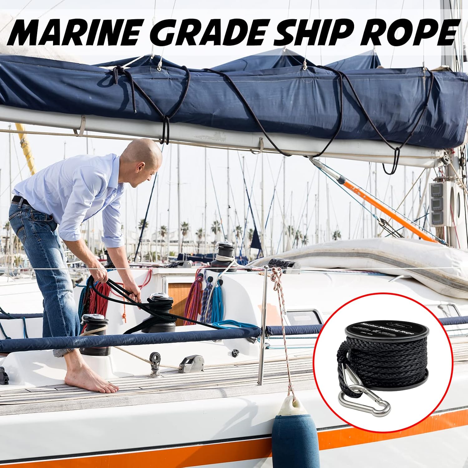 50 Feet Double Braided Nylon Boat Anchor Rope 3/8inch with 316 Stainless Steel Thimble and Heavy Duty Snap Hook