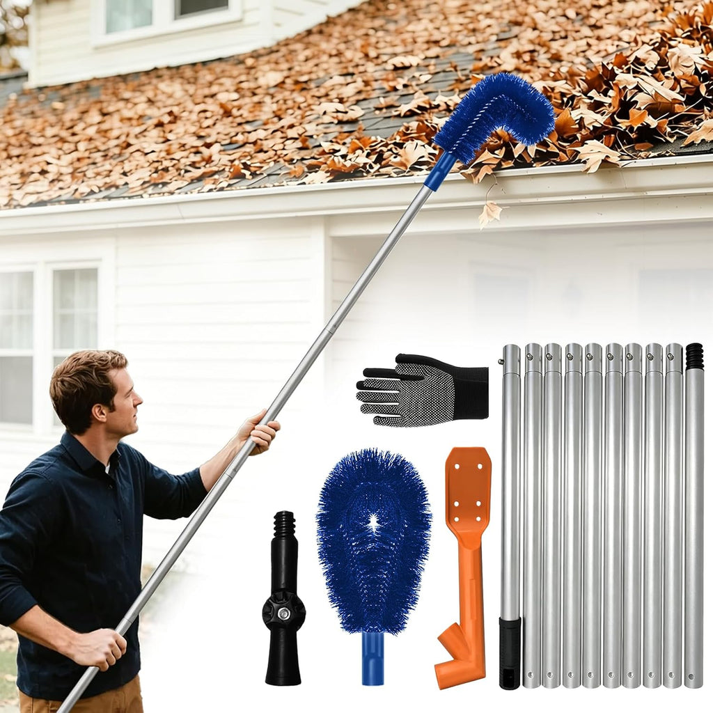12.9ft Aluminum Gutter Cleaning Tools with Brush & Scoop No Ladder