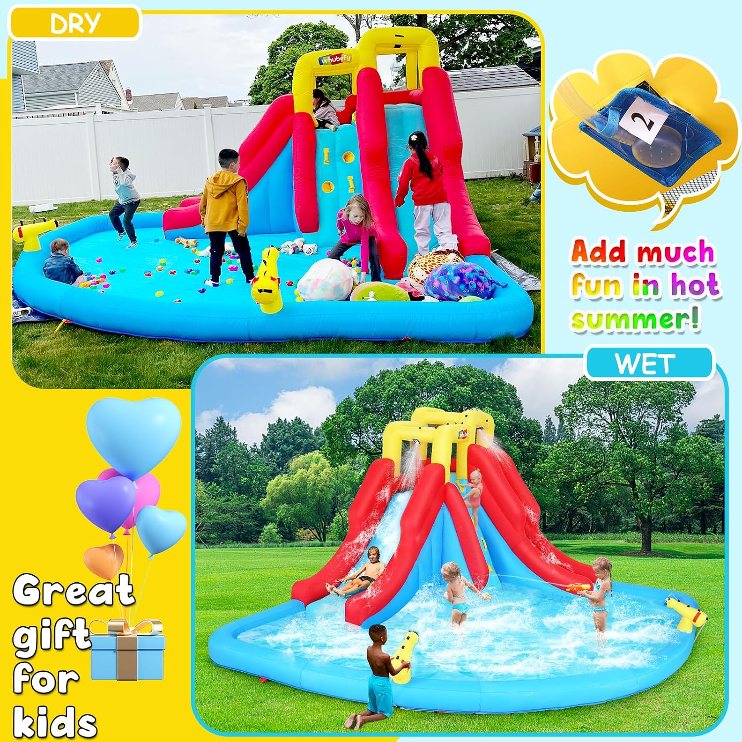Inflatable Water Slides for Kids, 10 in 1 Inflatable Bounce House Water Park w/Blower,2 Water Guns,2 Water