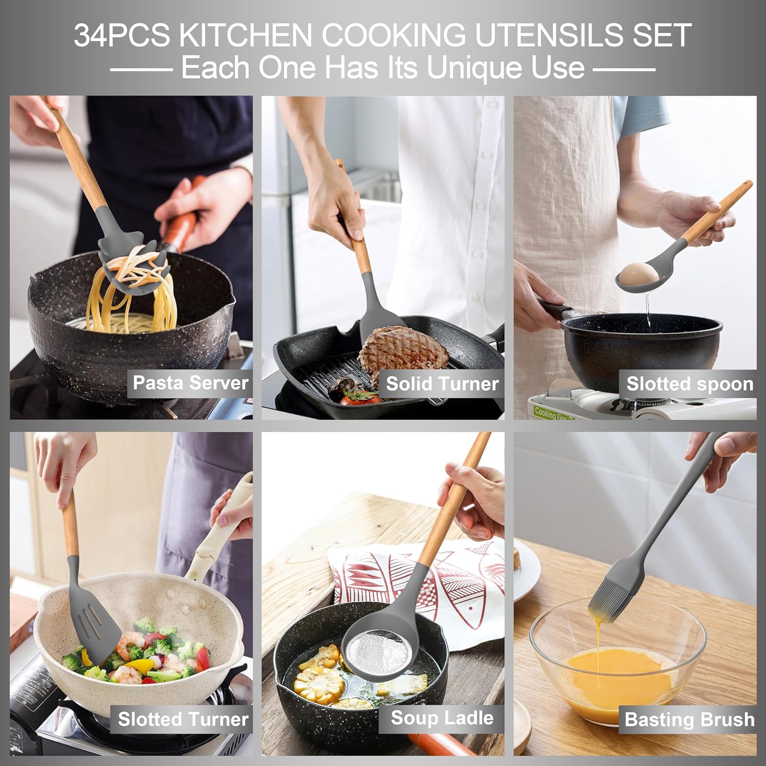 Silicone Cooking Utensils Set, 43Pcs Non-Stick Heat Resistant Kitchen Utensils Spatula Set with Wooden Handle for