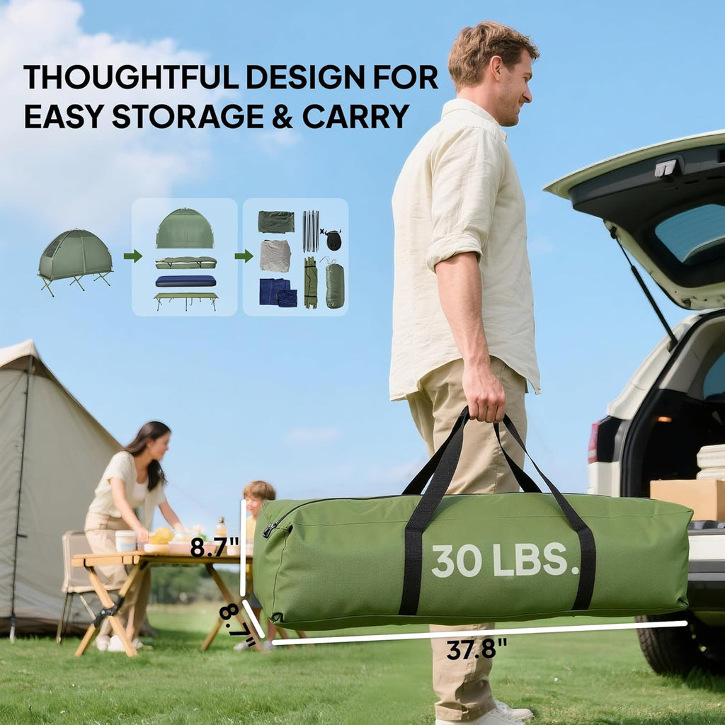 Camping Tent Cot 6-in-1 Folding Tent Cot Combo, with Mattress | Pillow, Sleeping Bag, Bed Cover, Roller Carrying Bag
