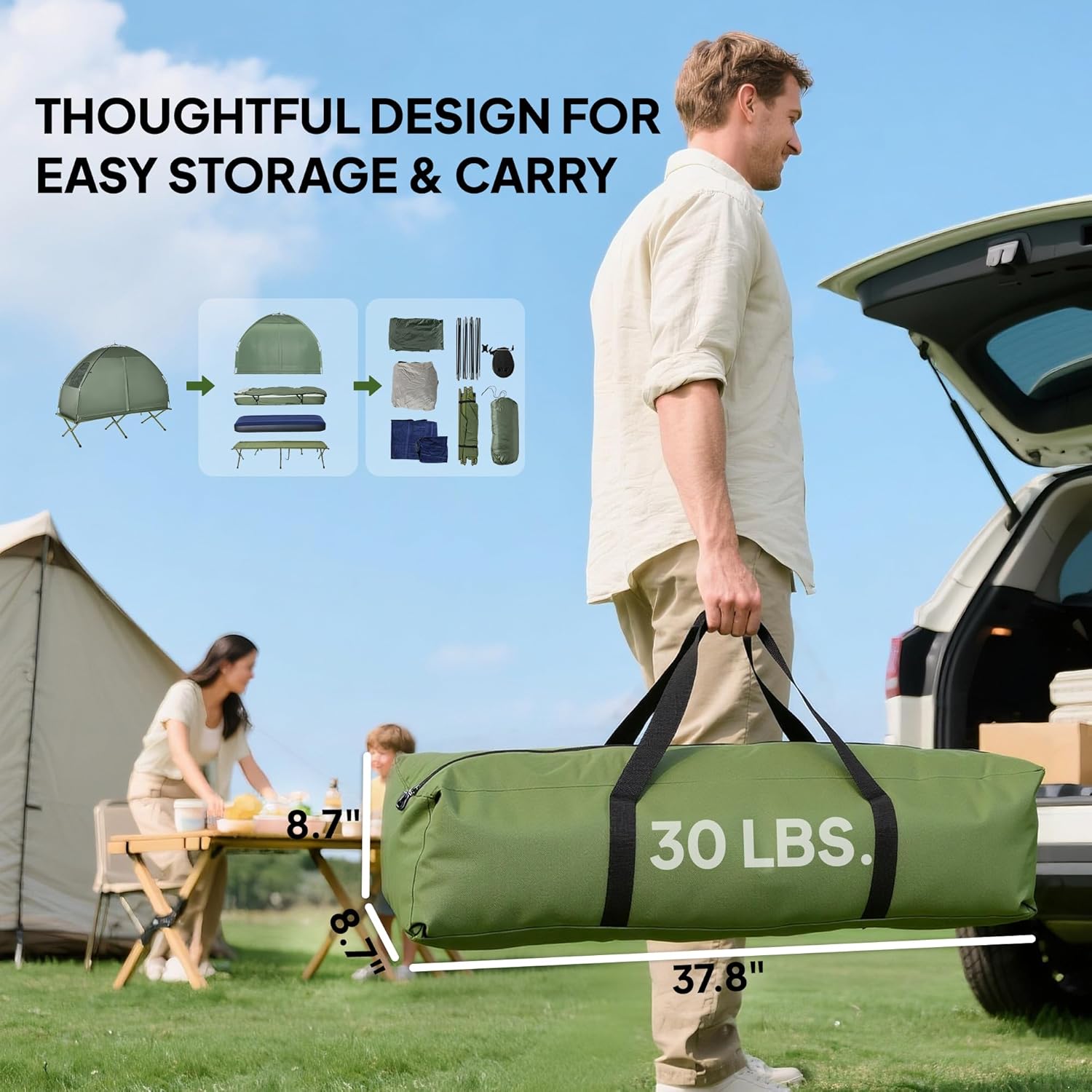 Camping Tent Cot 6-in-1 Folding Tent Cot Combo, with Mattress | Pillow, Sleeping Bag, Bed Cover, Roller Carrying Bag