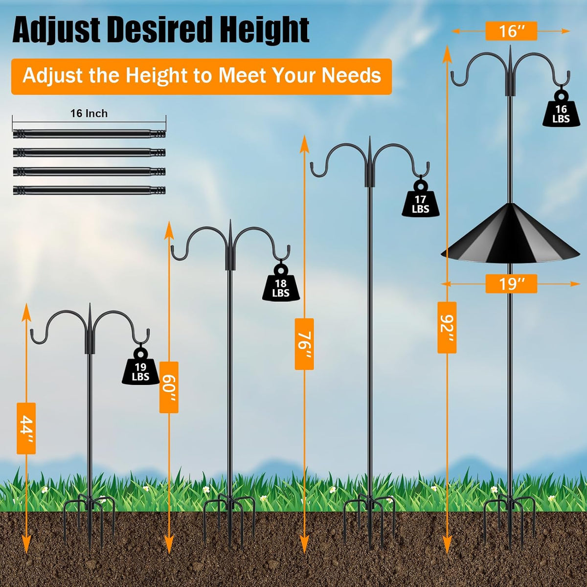 Heavy Duty Shepherds Hook Squirrel-Proof Bird Feeder Pole 92" Double Hooks 5-Prong Base & 19" Baffle for Outdoor